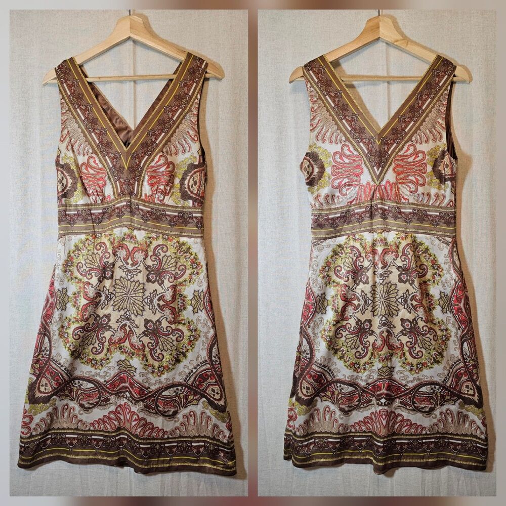 Nicole Miller Womens Size 8 Silk Dress Brown Melon Lime Paisley Double V Bright